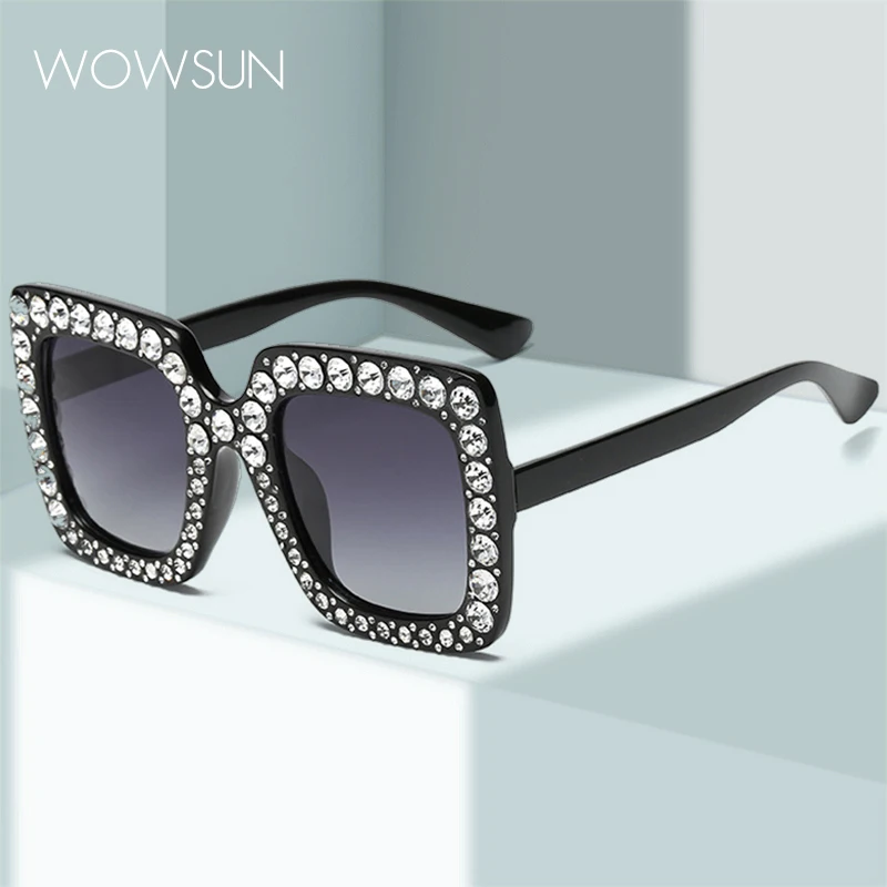 

WOWSUN Fashion Square Diamond Studded Sunglasses Classic Women's Travel Anti Glare Colored Sun Glasses AA200