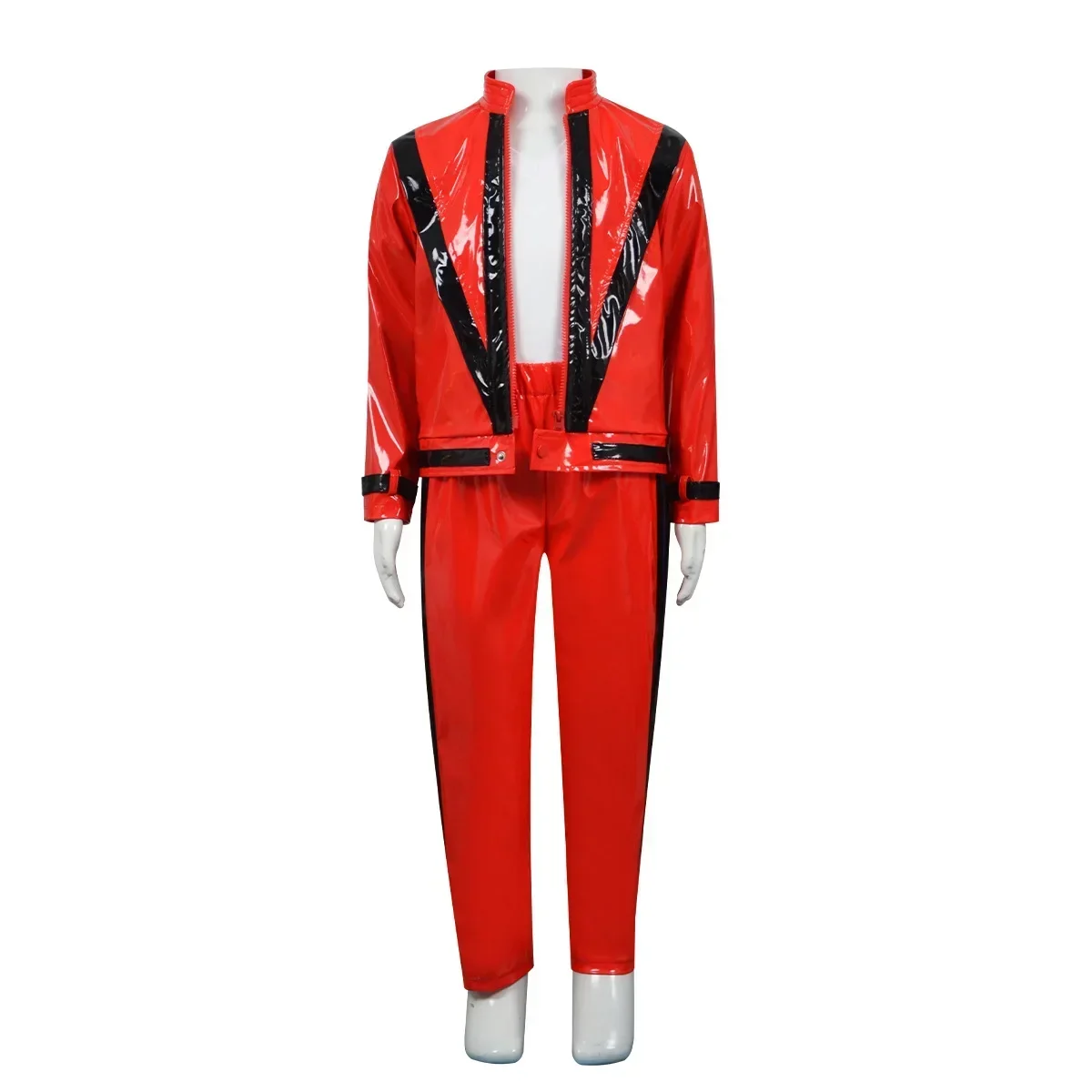 Michael Jackson Thriller Kostümset in Rot und Schwarz mit Farbblockierung, aus Kunstleder, Retro 1980er Jahre Pop-Sänger Cosplay-Outfit für Halloween – Detail 3