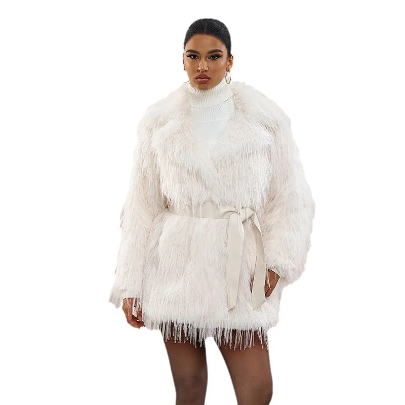 Casaco Toka Imitation Fox Fur para Mulher, Cinto, Moda Outono e Inverno