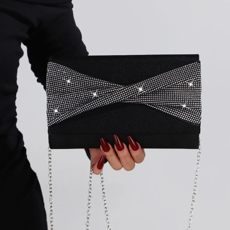 Bolsos de noche cuadrados negros para mujer, bolsos de mano de un solo hombro, bolsos cruzados con nudo de diamantes para ocasiones formales y fiestas