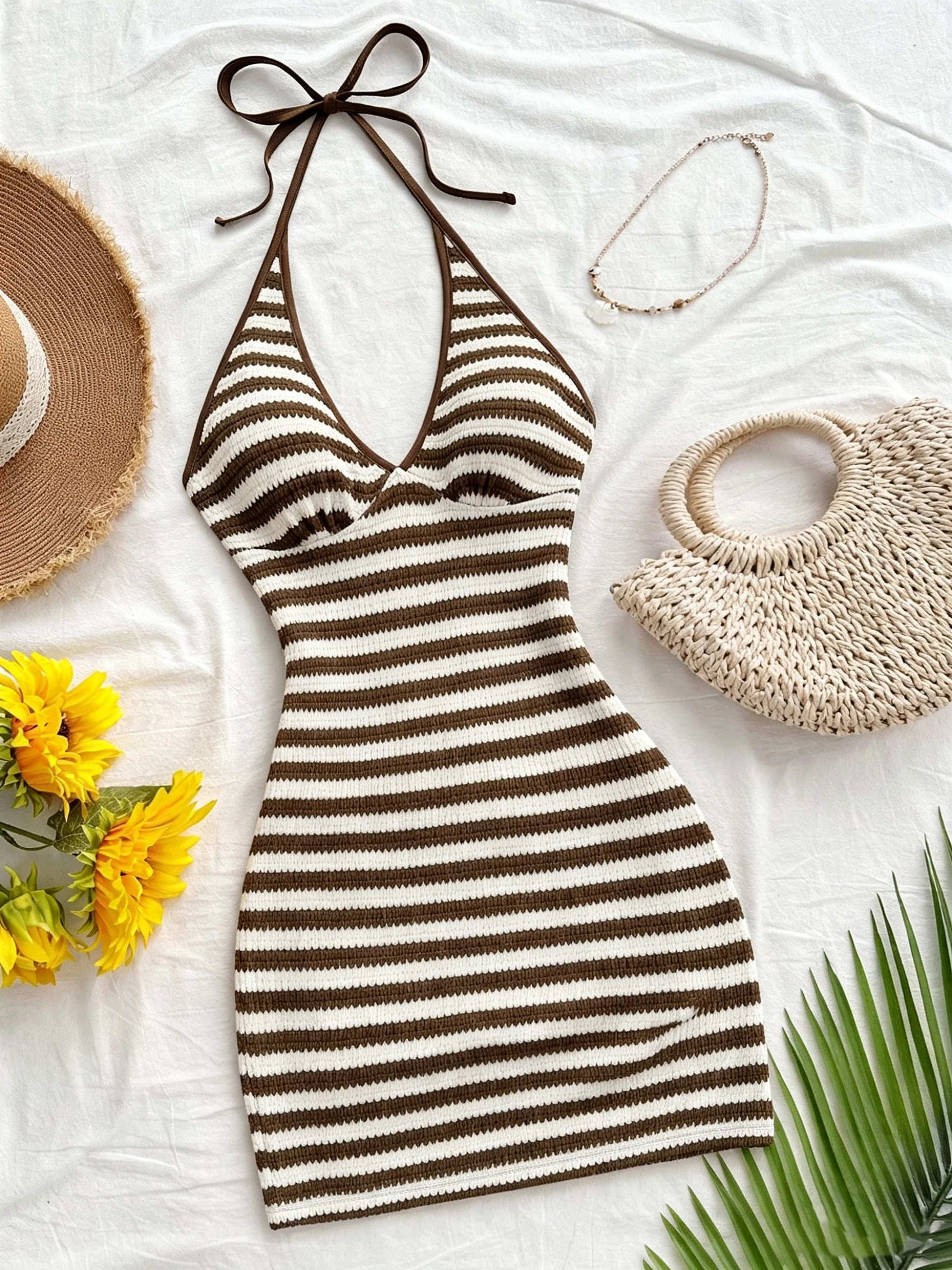 Striped Halter-Neck Knitted Dress, Featuring a Unique Design, Slim-Fitting, and a Hip-Hugging Short Skirt, Perfect for Showcasin