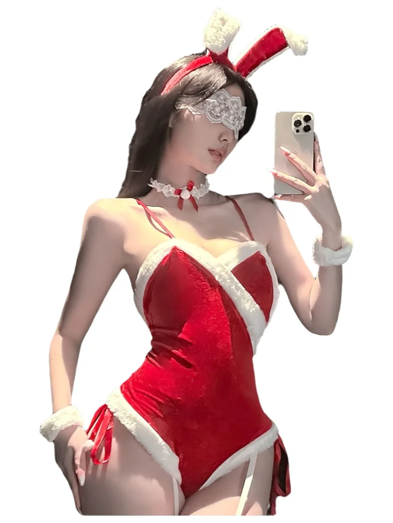 Sexy Fluffy Christmas Theme Bow Side Waist Backless Bodysuits Pure Desire Deep V Suspenders Sleeveless Lace Bowknot Scarf HK7M