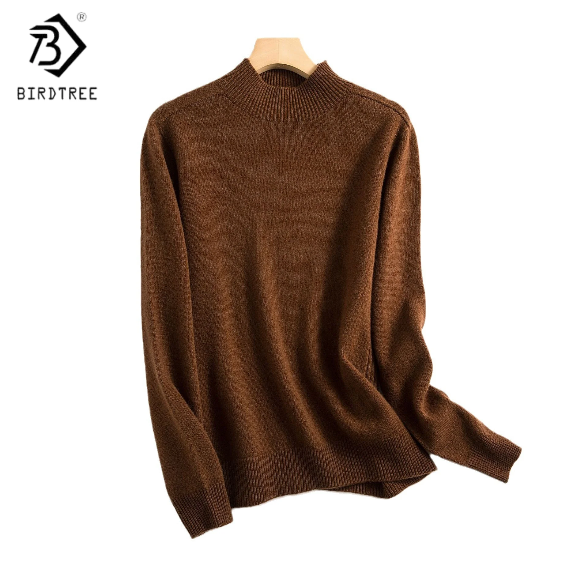

Birdtree,100% Pure Wool Warmth Sweater,Women Knitted Basics Solid Tops,Mock Neck, Full Sleeve, 2025 Autumn Pullover T5D108JF