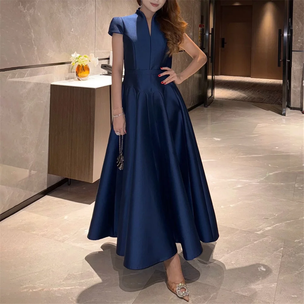 

ROYET Simple High Neck A Line Formal Evening Dress Short Sleeve A Line Ankle Length Formal Prom Gown For Woman Customized