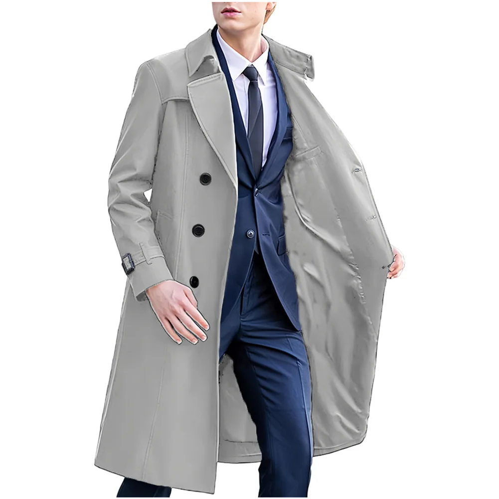 Men\\\'s Long Sleeve Trench Coat Double Breasted Windbreaker Overcoat with Lapel Collar Solid Color for Casual Outdoor Use