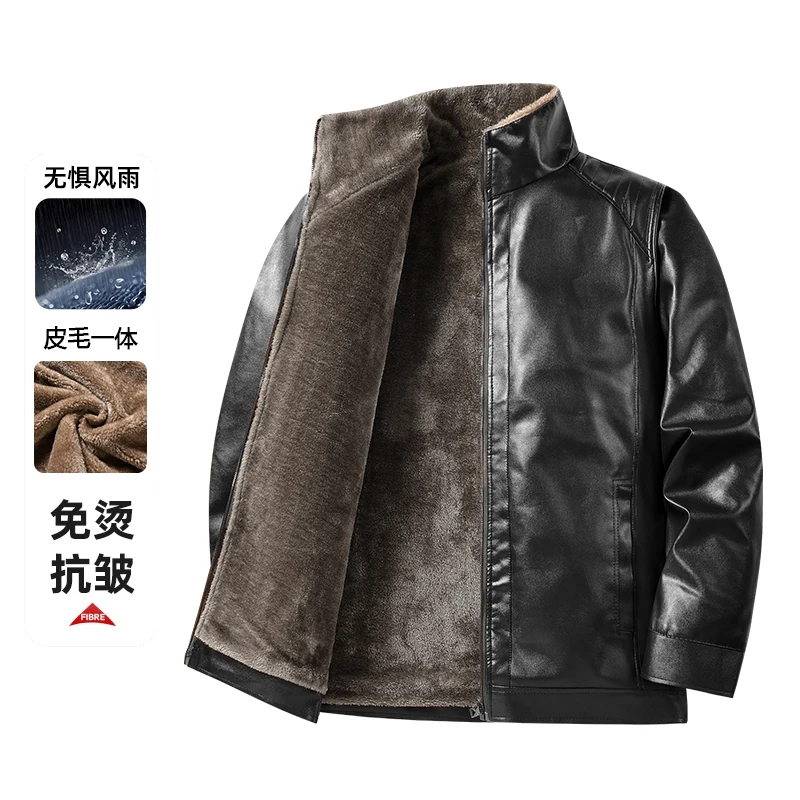 

Men's Fleece Lined Slim Fit Biker Style Leather Jacket with Fur Collar Waterproof Windproof Dad Coat for Middle-Aged And Elderly