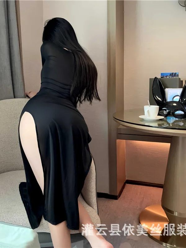 Sexy Lingerie Women's High Waisted Slit Sheer Cheongsam Socialite Style Uniform Dress Elegant Long Sleeved Deep V-neck R40H