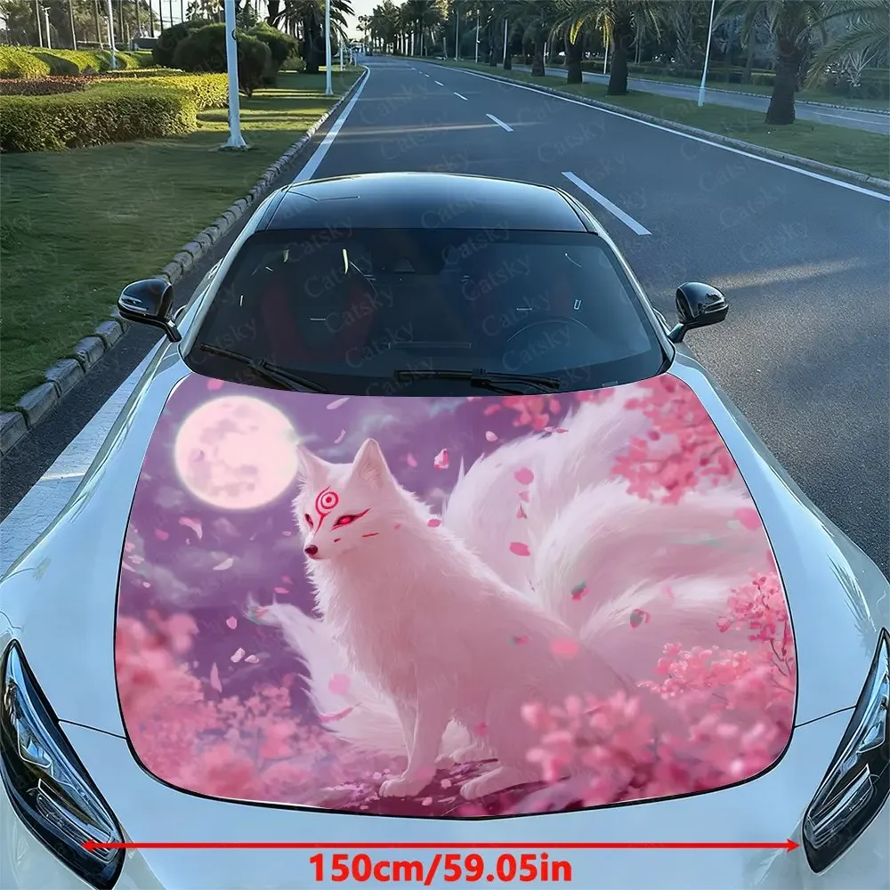 Mysterious Symbol White Fox Car Hood Vinyl Sticker Wrap - Fit Hood/Engine Cover Decal, Durable Paper-like Protective Film, Motor