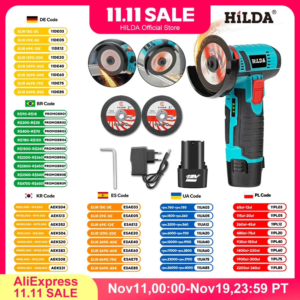 HILDA 12v Mini Angle Grinder Car Repair Brush Motor Rechargeable For Cutting Diamond Cordless Power Tool Polishing And Grinding