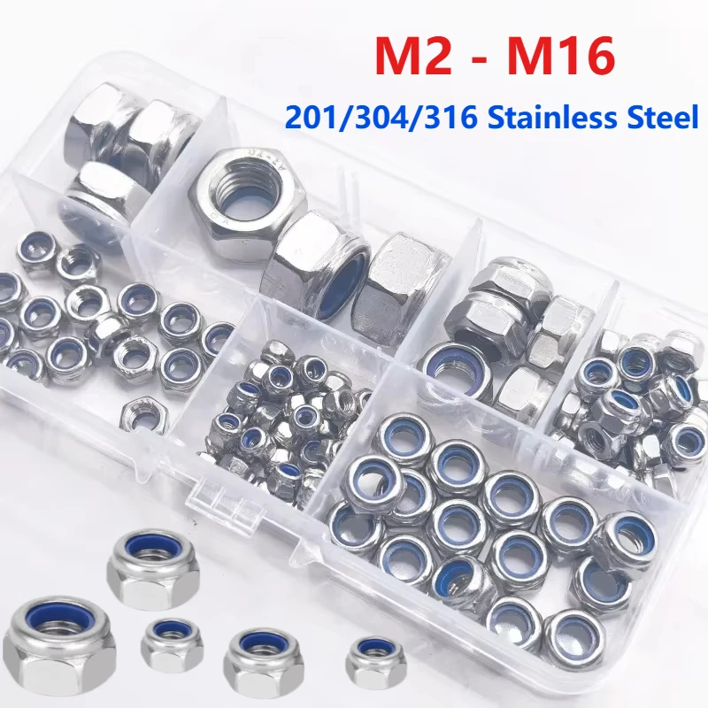 62/102/103pcs Stainless Steel Metric Locknut Kit, Nylon Insert Hex Nuts M2-M16, Polished, Corrosion-Resistant, Prevent V