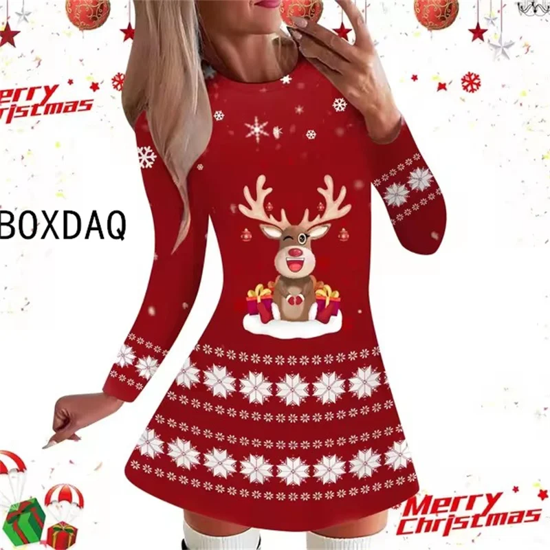 Fun 3D Cartoon Christmas Reindeer Print Dress Women Autumn Long Sleeve O-Neck Casual A-Line Dress Big Size 3XL Female Vestidos