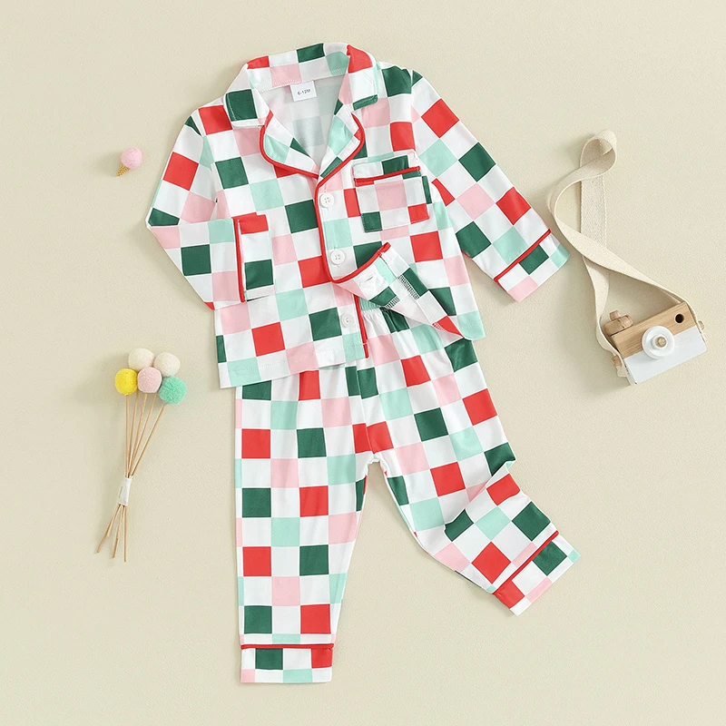 

Children s Christmas Pajama Set Tartan Print Button-Up Shirt with Matching Trousers for Cozy Sleepwear