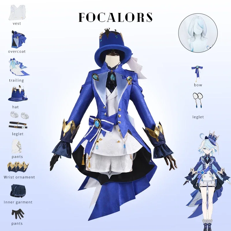 Anime Game Genshin Impact Focalors Cosplay Furina Hat Wig Hair Full Set Outfit Carnival Women's Outfit Dress Halloween Costume