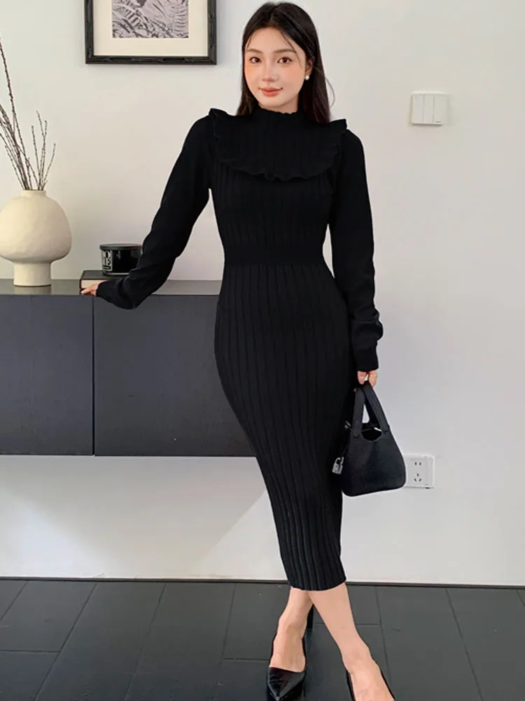 Automne hiver femmes rouge volants tricot robe moulante femme à manches longues mince solide pull dames mode gaine longues robes