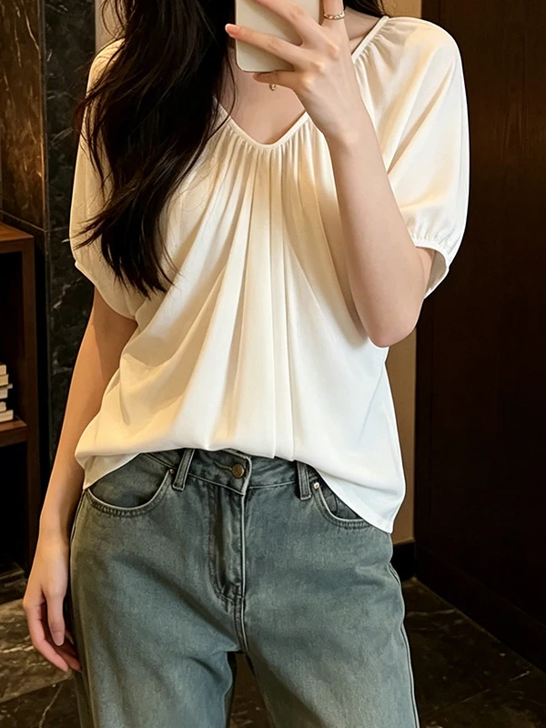 

Slimming Large Size Summer New Women's V-neck T-shirt Loose Breathable Korean Style Casual Pure Design Versatile Slimming Top
