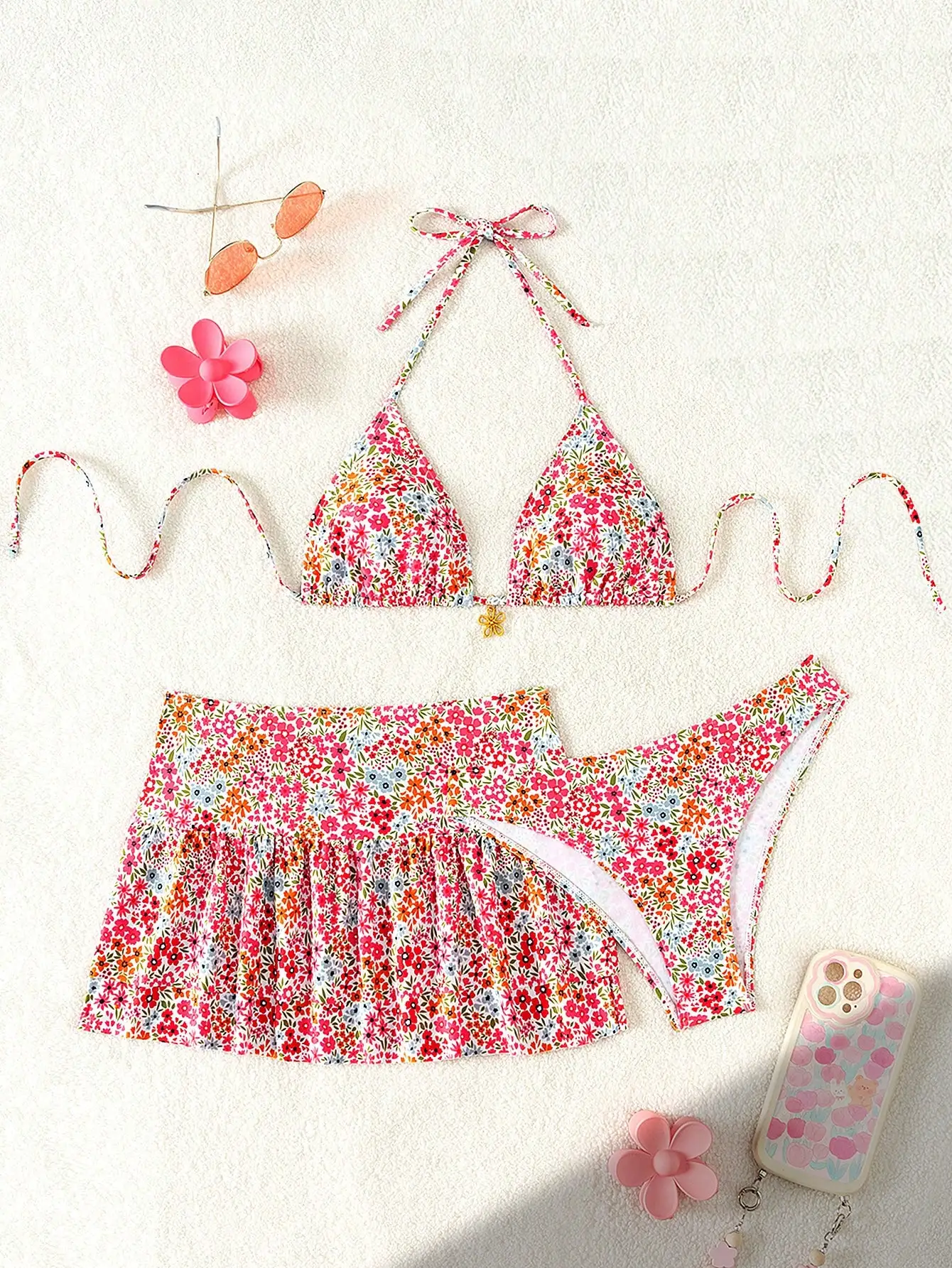 

Floral Print Triangle Halter Bikini With Ruffled Skirt Cover-Up Set For Women Summer Swimwear