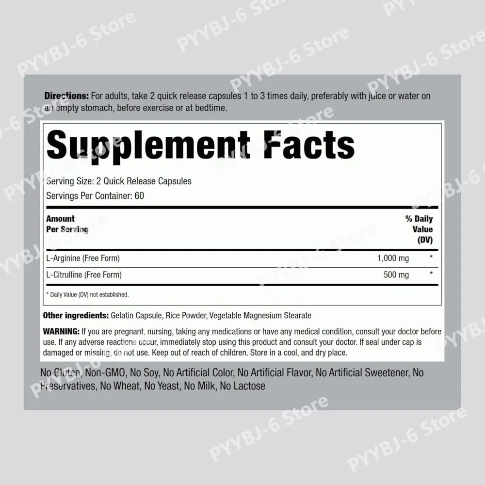 L-Arginine L-Citrulline Capsules 1000mg/500mg Free Form Amino Acid Supplement for Fitness Support & Active Lifestyle, 120 Ct
