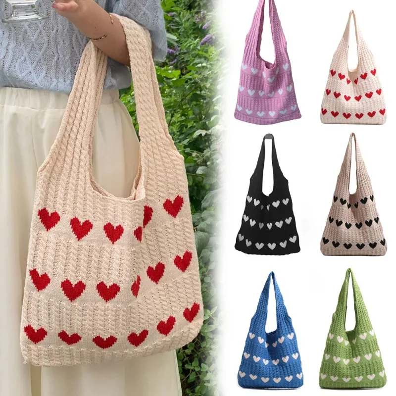 Bolsos de mano de punto con estampado de corazón, bolso de hombro de gran capacidad, bolsos de playa tejidos, bolsos de compras informales a la moda, regalos para mujer