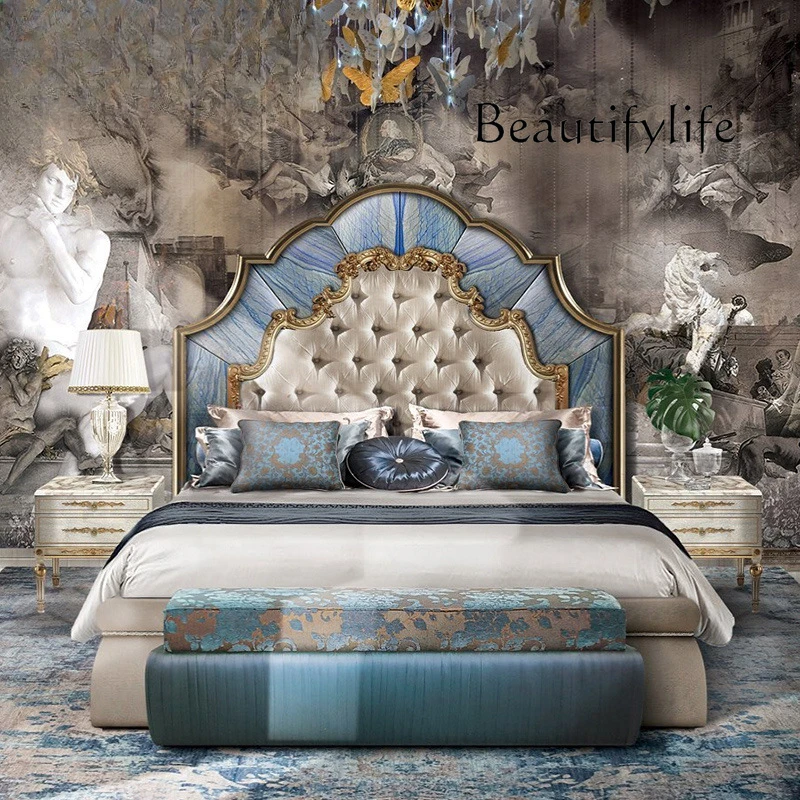 French court double solid wood bed villa wedding bed luxury shell inlaid European fabric princess bed