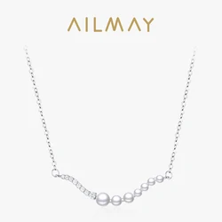 Ailmay Top Quality 925 Sterling Silver Fashionc Wave Shape Pearl Pendant Necklace For Women Elegant Wedding Engagement Jewelry