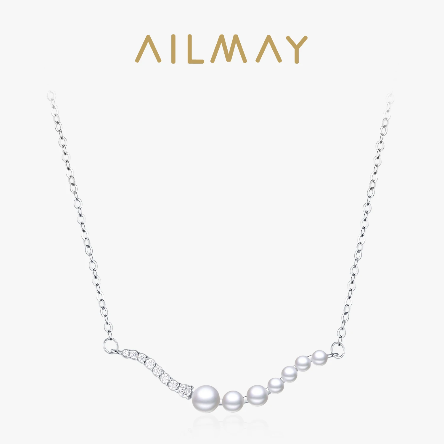 Ailmay Top Quality 925 Sterling Silver Fashionc Wave Shape Pearl Pendant Necklace For Women Elegant Wedding Engagement Jewelry