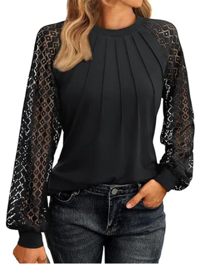 Elegant Lace Pleated Solid Color Shirts Women's Round Neck Lantern Long Sleeved Blouse Autumn Daily Casual Top image 4