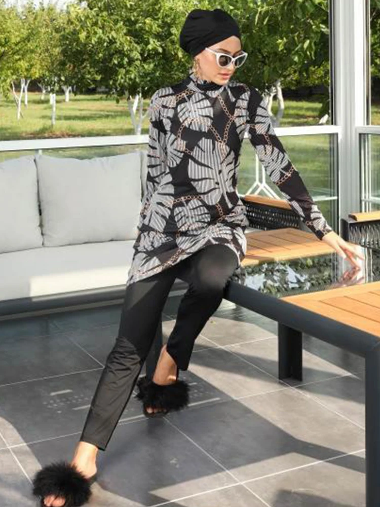 New Summer Beach Muslim Burkini Women Swimsuit Modest Swimwear Islamic ​Bathing Suit，Tropical Plant Print , Quick Drying, UPF50+