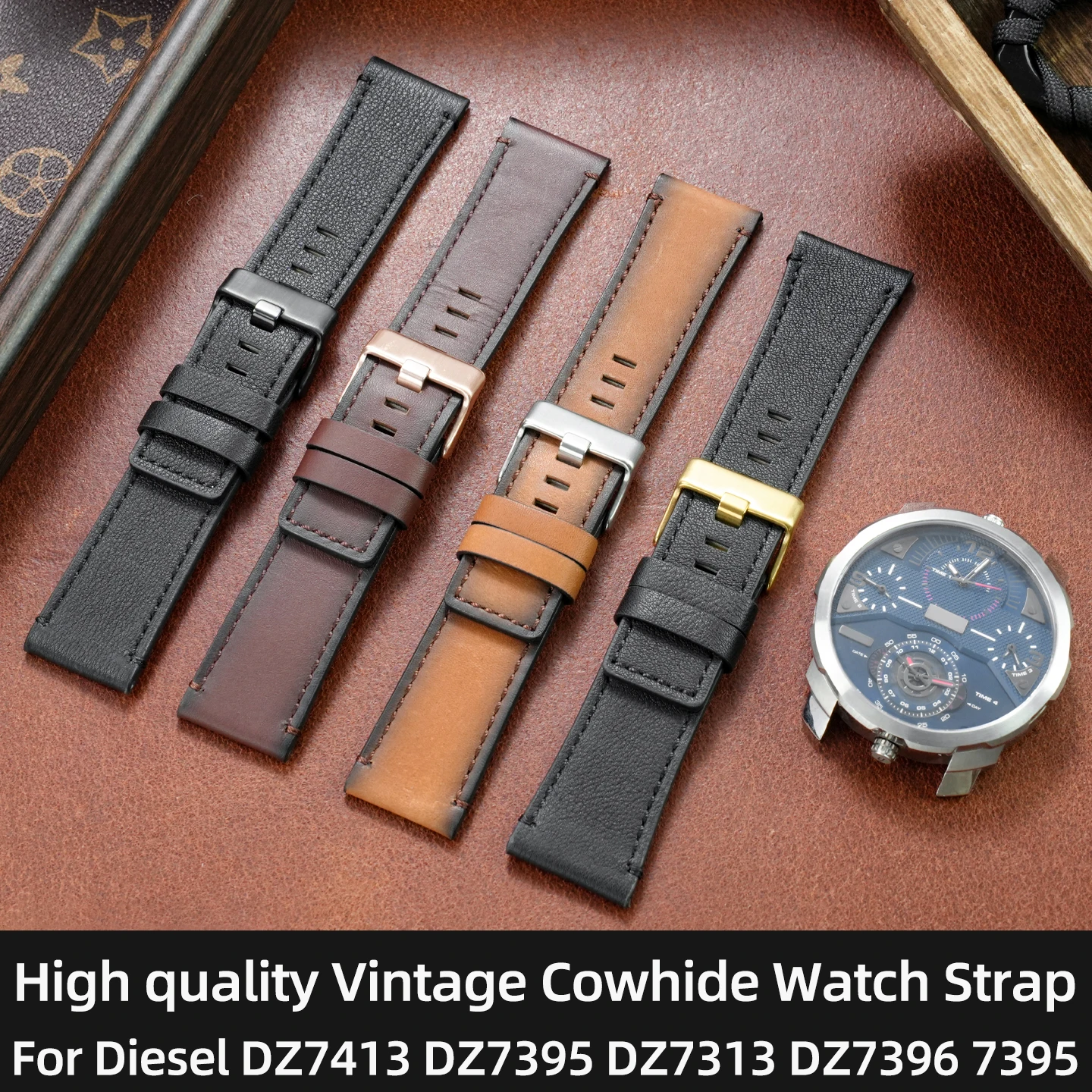

24mm 26mm 28mm Retro Cowhide Watch Strap For Diesel DZ7395 DZ7396 DZ4318 DZ4476 DZ4281, Vintage Genuine Leather Watch Band Men