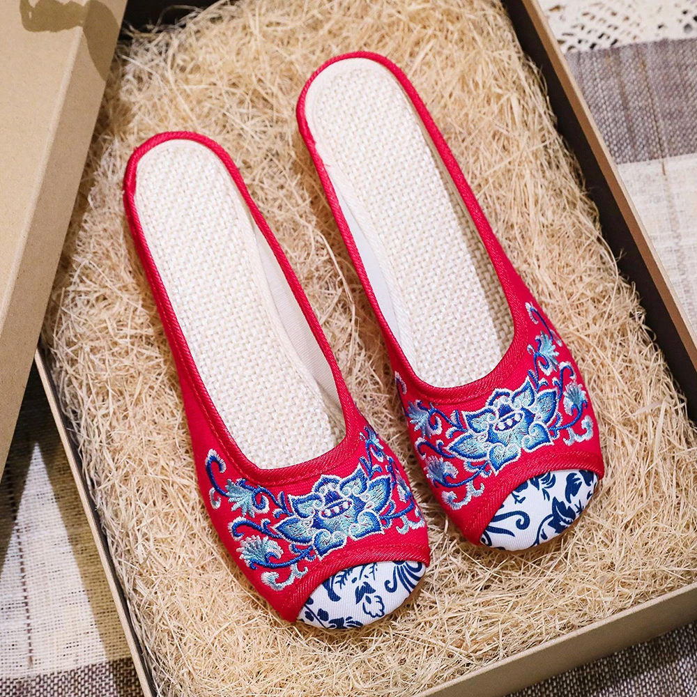 Veowalk Handmade Casual Chinese style Embroidery Slipper Old Peking National Cloth Shoes Vintage Women Breathable Summer Shoes