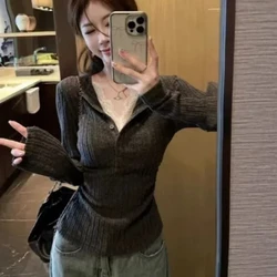 Right Shoulder Lace Splicing Fake Two-piece Sweater for Women Autumn Winter New Slim V-neck Commuter Long-sleeved Top for Women