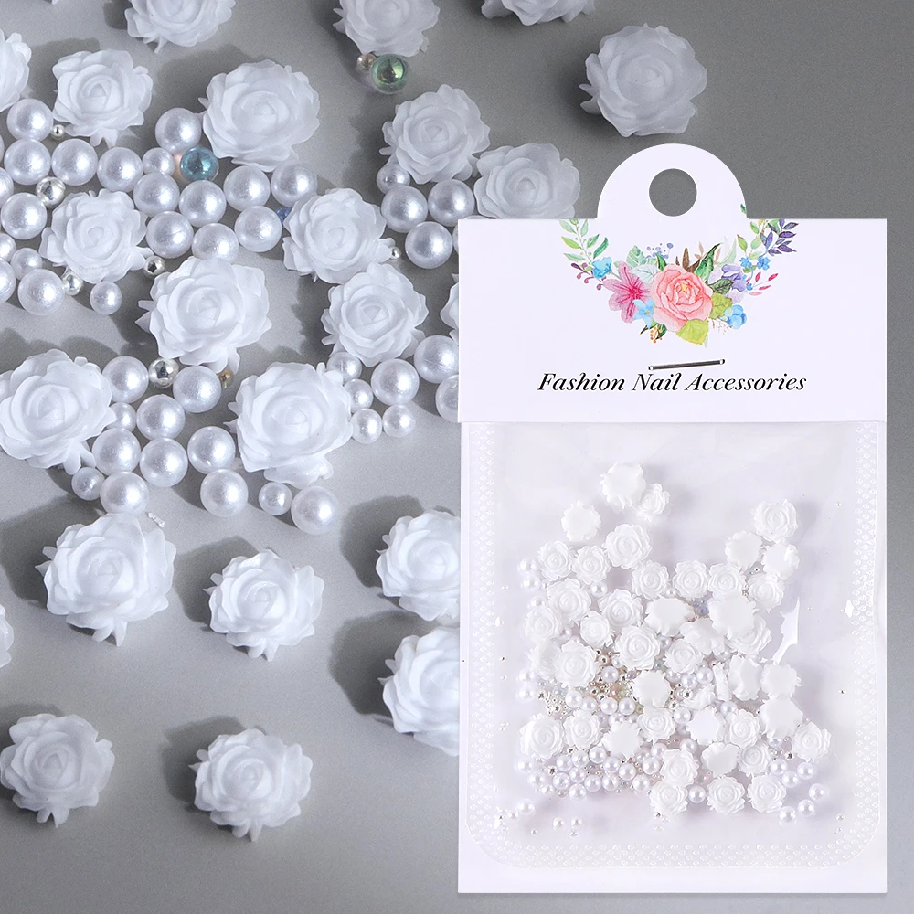 30 pcs White Rose Flower Reisn Filling Accessories Acrylic Flower With Pearls Mixed Steel Balls Spring DIY Jewelry Crafts Making