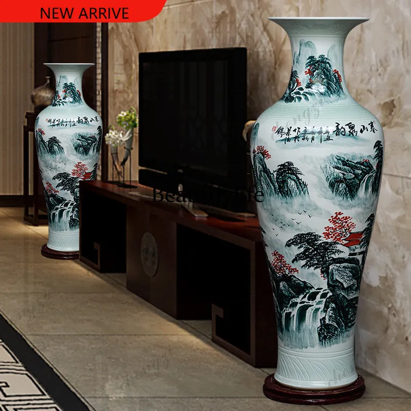 H132 Ceramic hand-painted pastel floor-to-ceiling large vase, living room TV cabinet, Chinese decorative high ornament