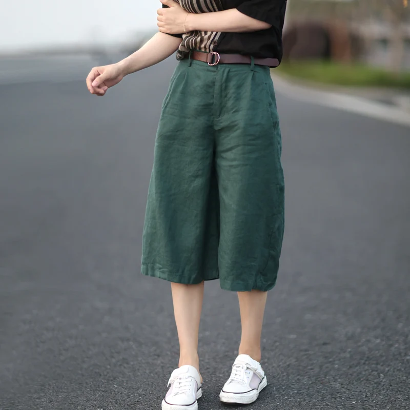 

Cotton Linen Solid Women Pants Summer Vintage 2024 High Waist Solid Straight Wide Leg Knee-Length Casual All Match For Female