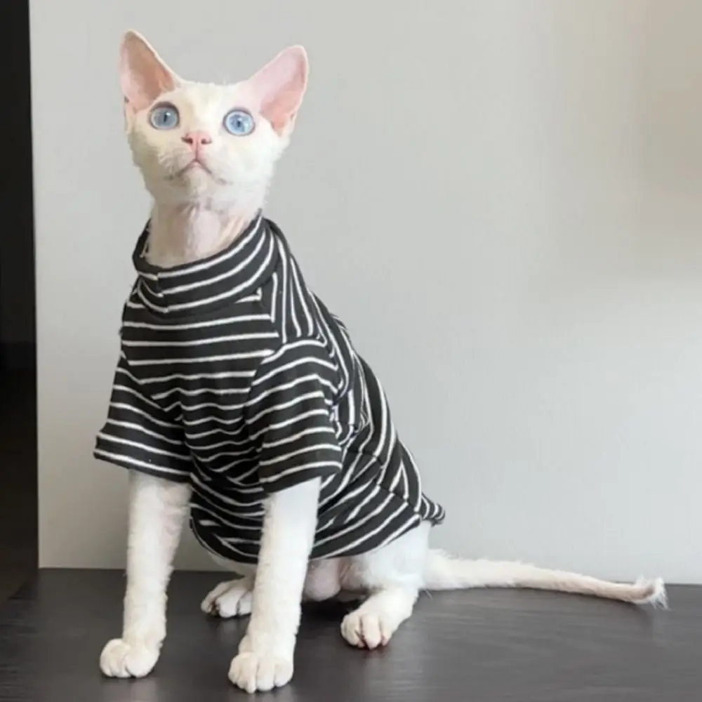 Suprimentos para gatos roupas para gatos macio quente gato listrado macacão gato duas pernas roupas sem pêlos camisa base para outono inverno