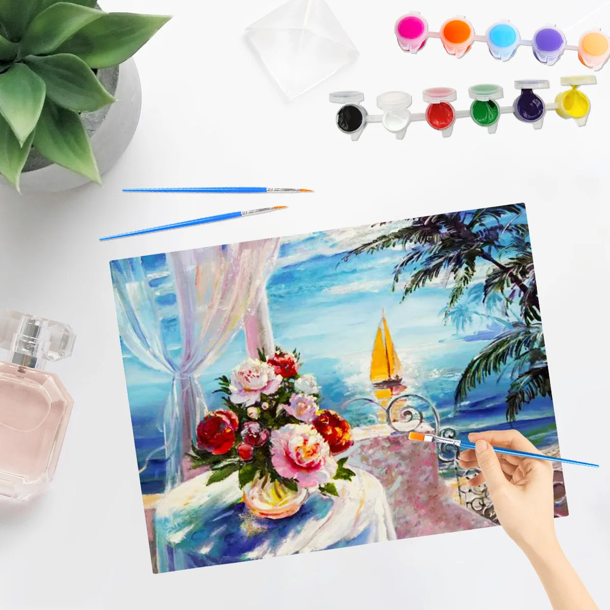 PhotoCustom Diy Painting By Numbers Kits With Frame Window Sill Vase Coloring By Numbers Wall Art Picture For Home Decors