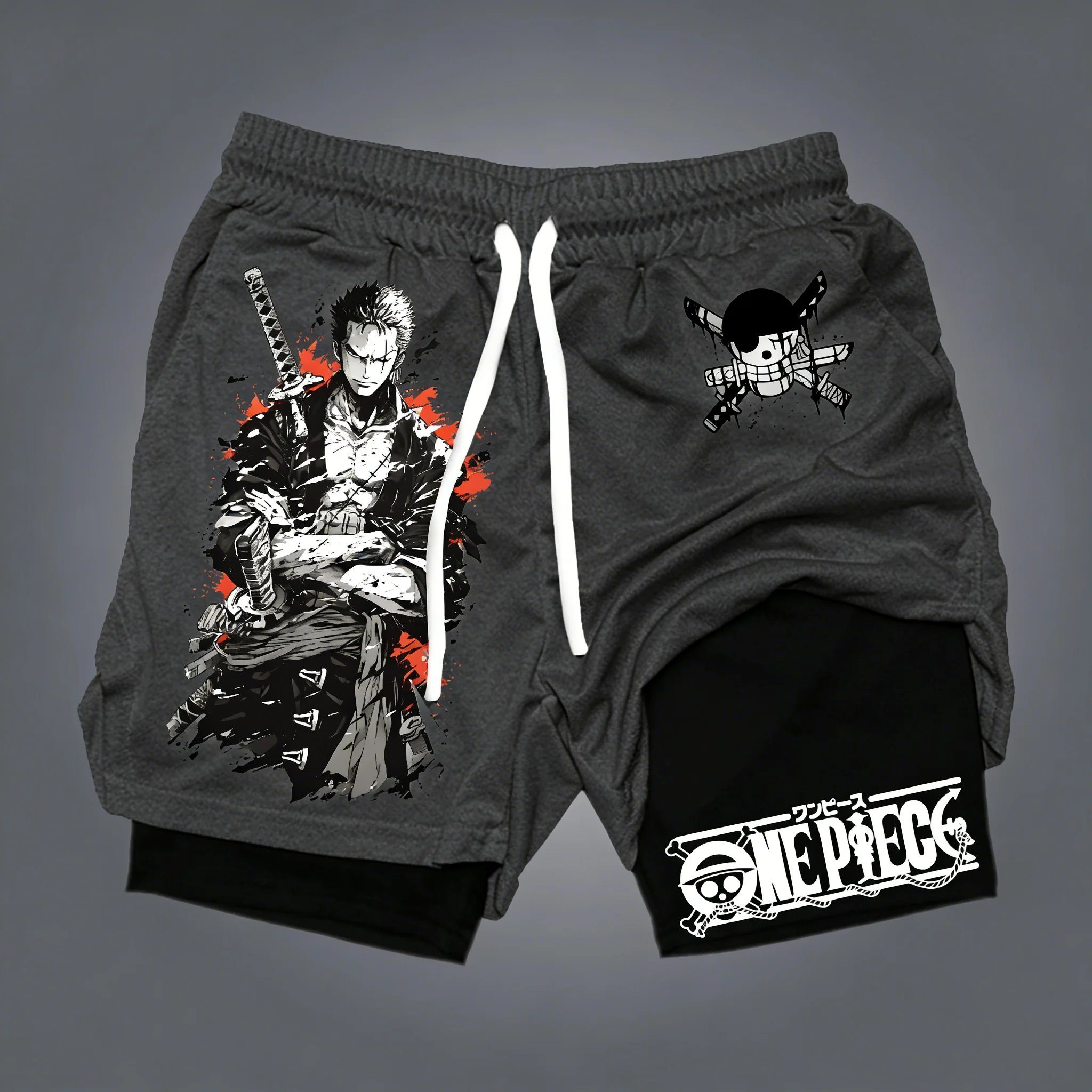 ONE PIECE Anime Roronoa Zoro Bedruckte Sportshorts 2026 Sommer Neu Unisex Y2K Schnelltrocknend Atmungsaktiv 2-in-1 Strandshorts