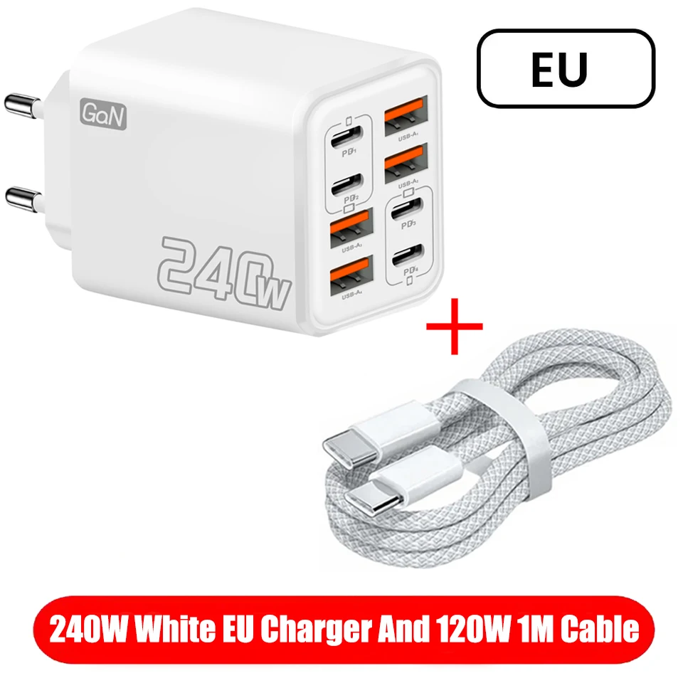 8-in-1 GaN USB-C bureaulader 240W snelladen telefoonadapter type-C kabel voor iPhone Samsung Xiaomi EU/VS/VK stekkerlader