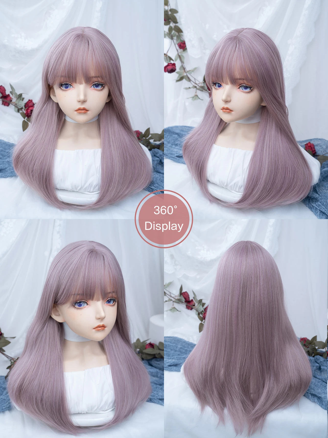 22Inch Pinky Light Purple Synthetic Wigs With Bang Long Natural Straight Hair Wig for Women Daily Use Cosplay Heat Resistant