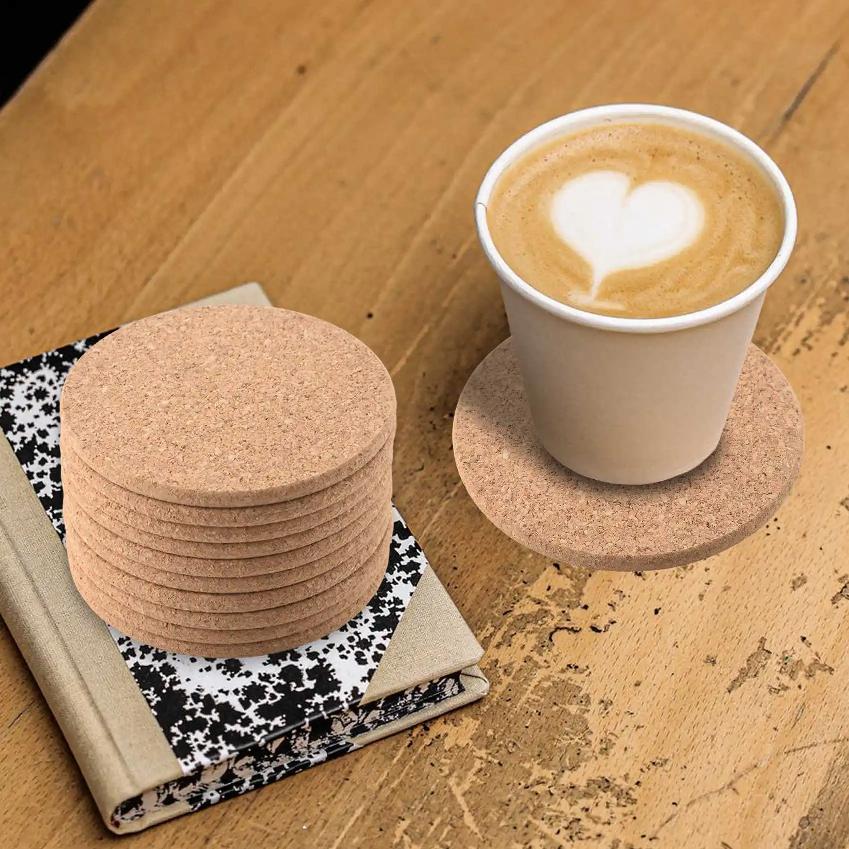 ABLK Set of 10 Cork Bar Drink Coasters - Absorbent and Reusable - 90mm, 5mm Thick