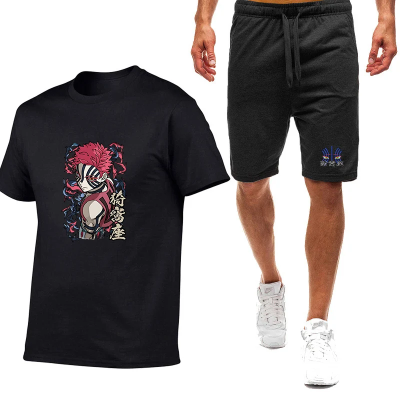 2026 Demon Slayer Summer Men's Akaza Logo Print Popular Versatile Lightweight T-shirt Drawstring Sports Short Pants Suits