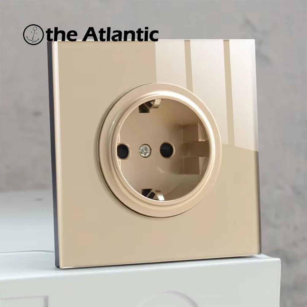 16A 110V-250V EU Standard Wall Power Socket RJ45 TV Internet Data Socket Button Switch Household Luxury Gold Glass Panel