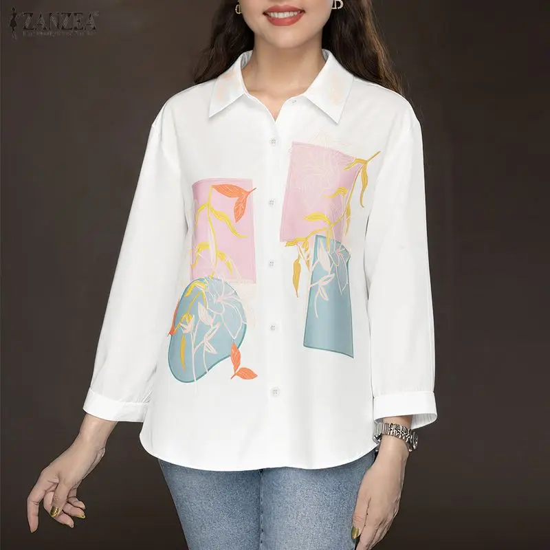 

ZANZEA 2026, модные женские рубашки, осенние элегантные офисные женские рубашки с длинными рукавами и принтом, топы большого размера с лацканами, женские блузки на пуговицах