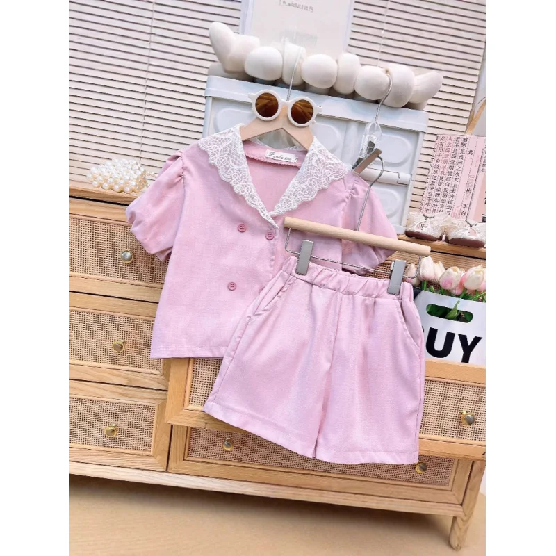 

2025Summer New Girls' Lace Collar Short Sleeve Blazer Jacket+Pink Shorts Two-Piece Set