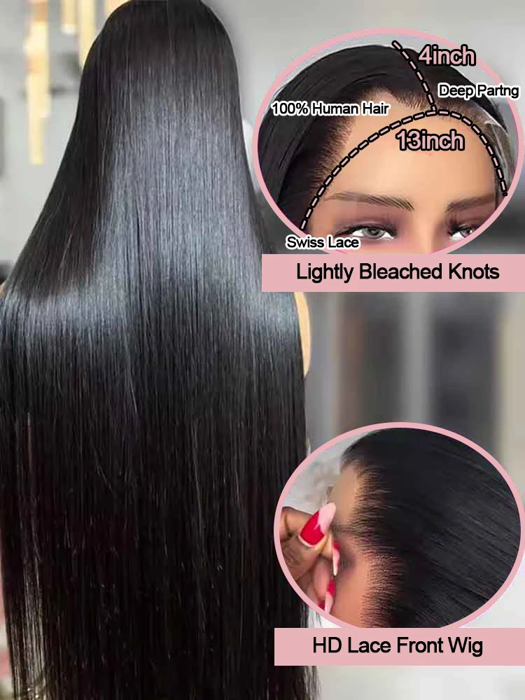 7x5 شعر مستعار مستقيم بدون صمغ 40 46 بوصة شعر بشري برازيلي 13x6 HD الدانتيل شعر مستعار أمامي 300% الكثافة 13x4 قبل قطع الدانتيل للنساء السود