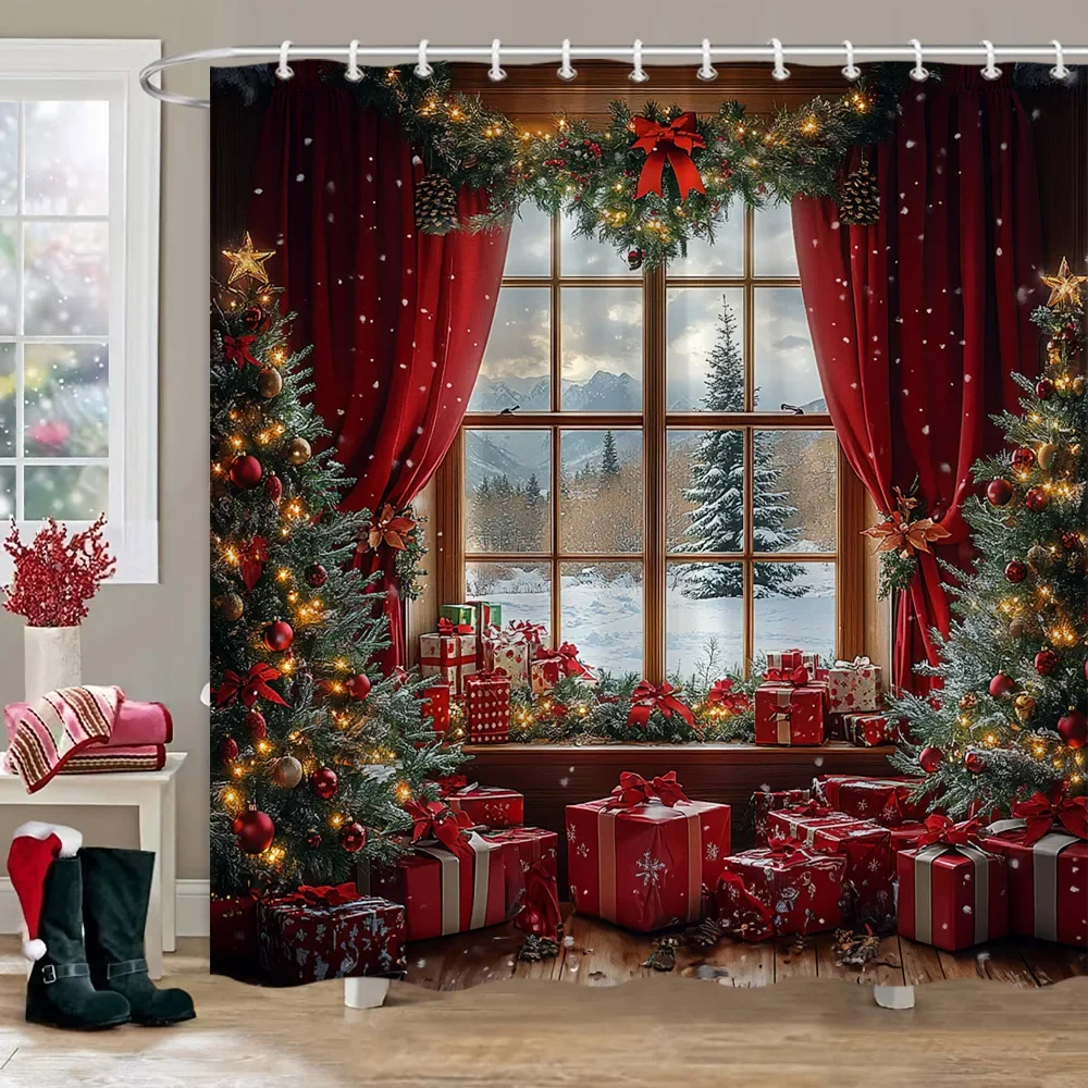 

Christmas Gifts Shower Curtain Xmas Tree Winter Forest Cedar Nature Landscape Home Wall Hanging Fabric Bathroom Curtains Decor