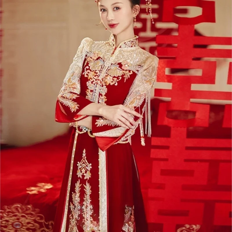 

Velvet wedding dress new gown Chinese-style and