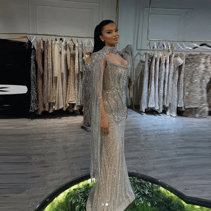

Индивидуальные серебряные кристаллы с кисточками, арабские вечерние платья из двух частей, блестящие длинные платья русалки для свадебной вечеринки, макси, выпускной вечер, Роб