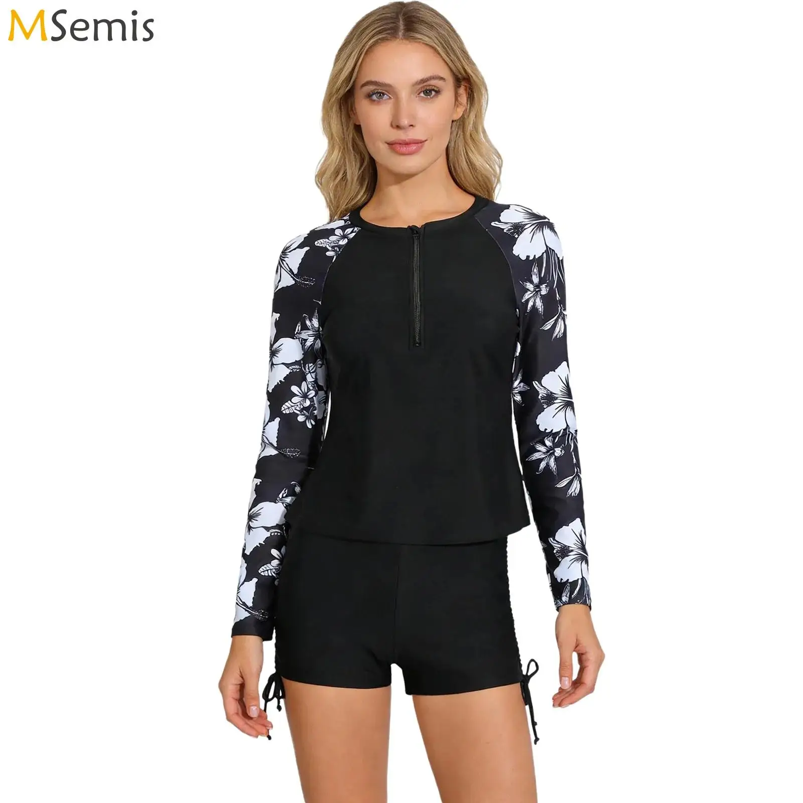 

Женский спортивный комплект для плавания: топ с длинным рукавом, молнией до середины груди, беспроводными вкладышами и шорты с боковыми завязками