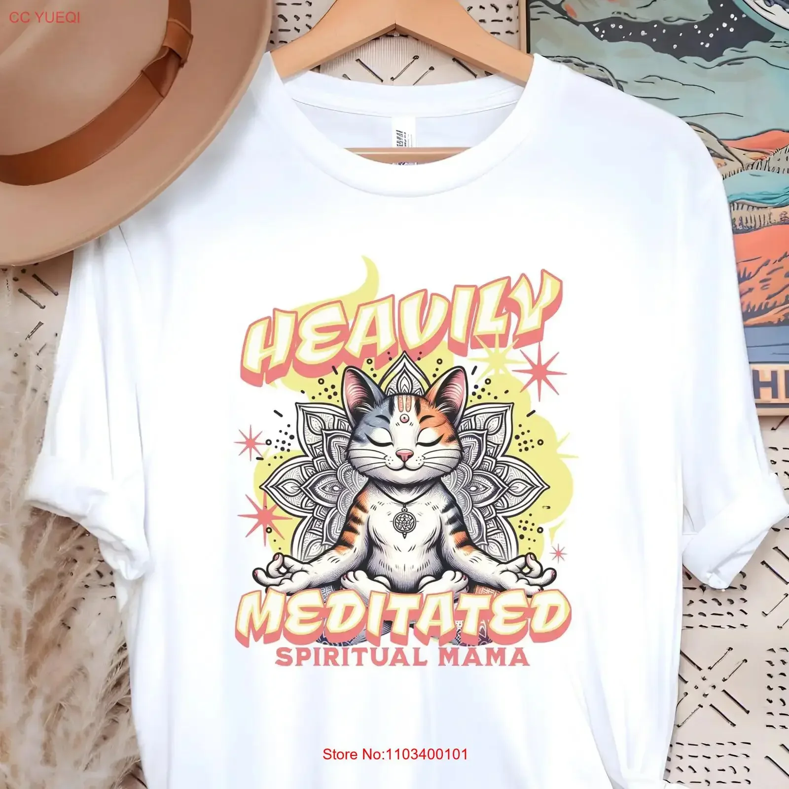 T-shirt « Spiritual Mama » – Motif chat de yoga amusant et méditatif, manches longues ou courtes, style vintage délavé, pour la pleine conscience et la méditation