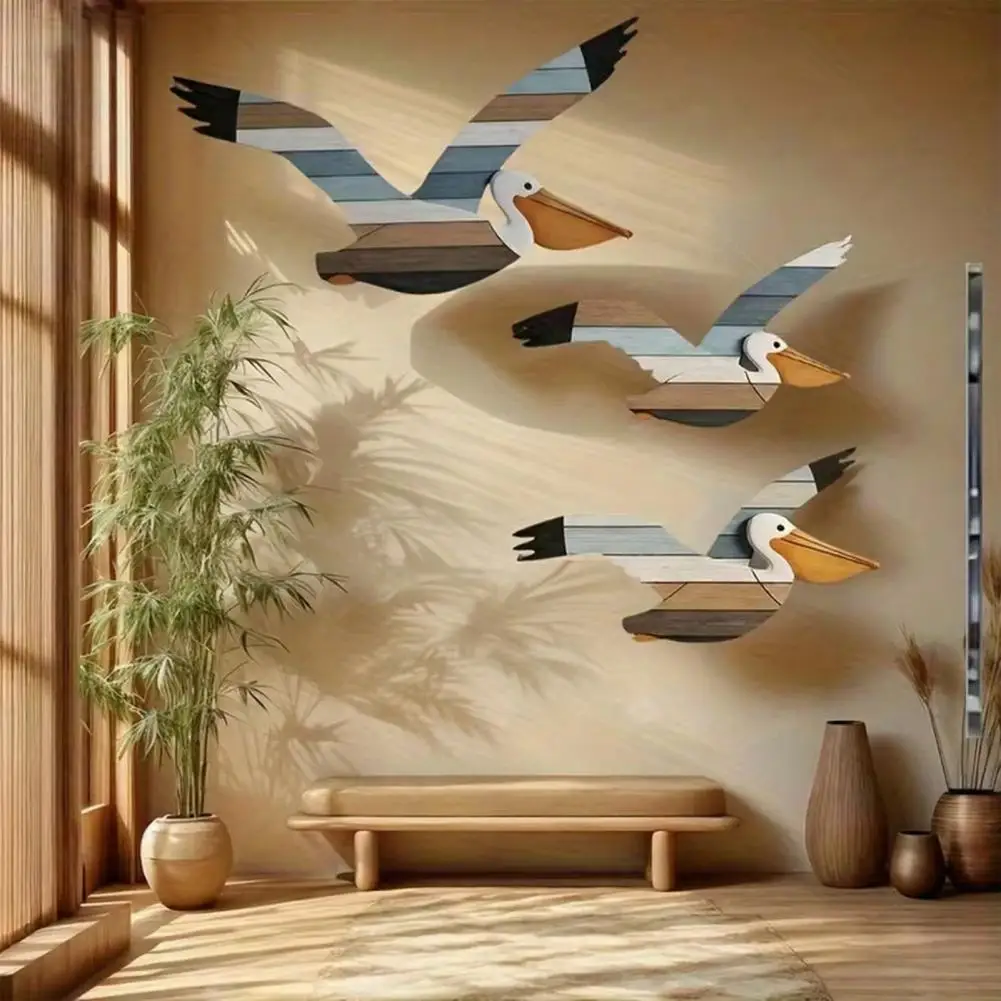 2026 Bird Wall Art 3 Pcs Pelican Wall Art Wooden Flying Bird Wall Hanging Decor Nautical Rustic Beach Walls Sculpture for Living
